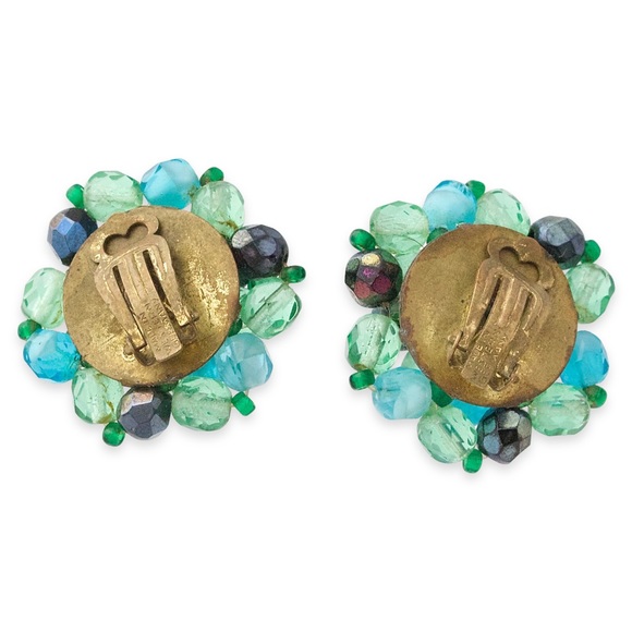 Vintage German Glass Bead Cluster Clip On Earrings Blue Green Western Germany - Picture 3 of 4
